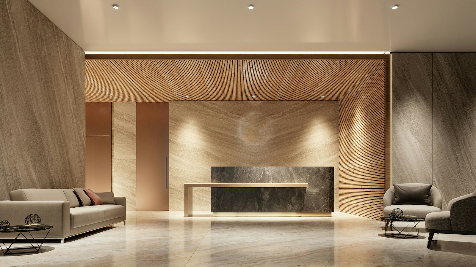 Lobby z drewnianym sufitem i kamienną ścianą